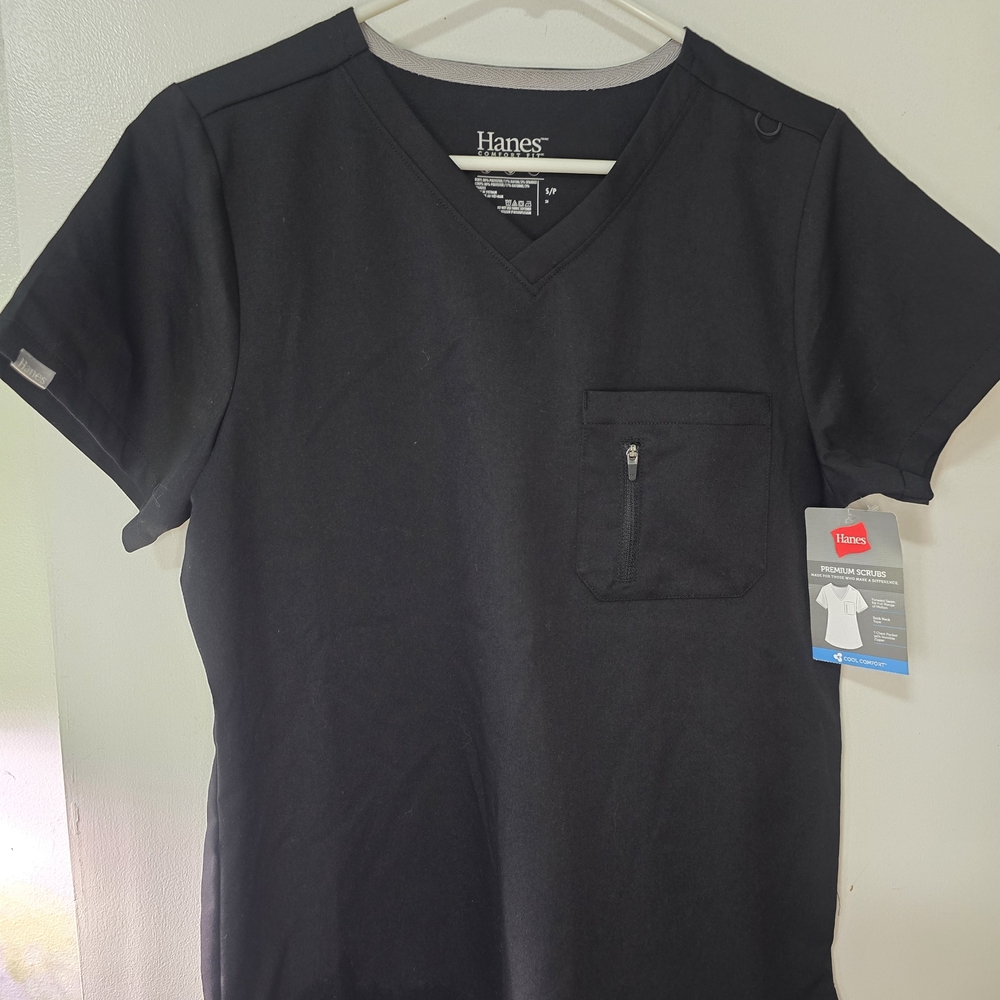 Hanes Black Scrub Top NWT Women’s Small Healthcare Uniform V Neck